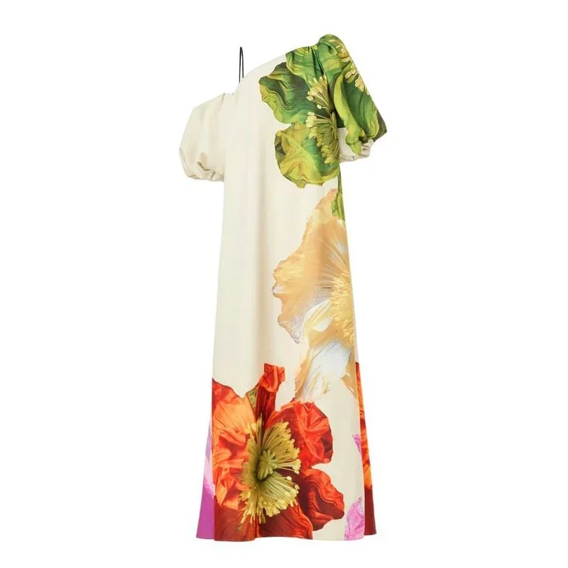 

Flaxmaker 2025 New Fashion Women Elegant Floral Printed Evening Maxi Dresses Loose One-Shoulder H-line Vacation Bohemia Dress