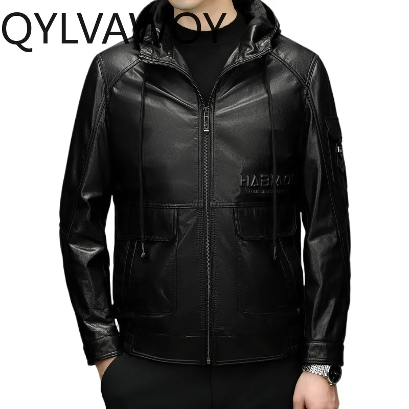 

QYLVAWOY New Autumn Winter Cowhide Leather Jacket Hooded Mens Jacket Real Leather Coat Black Motorcycle Jacket Jaqueta Masculina