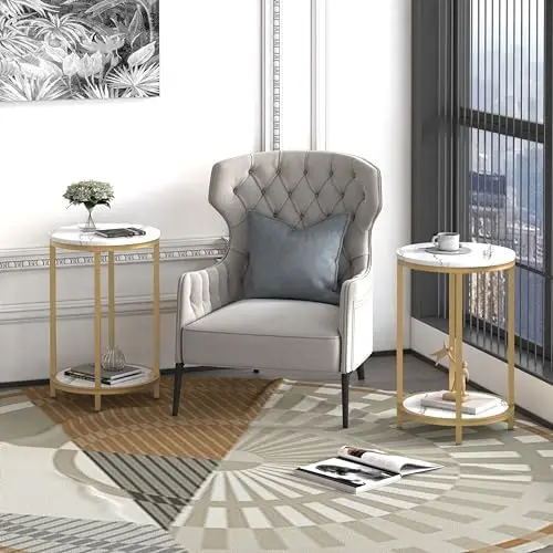 Round Side Table Set of 2, Modern Nightstand End Table with Gold Metal Frame &Faux Marble Top, Accent Bedside Table for