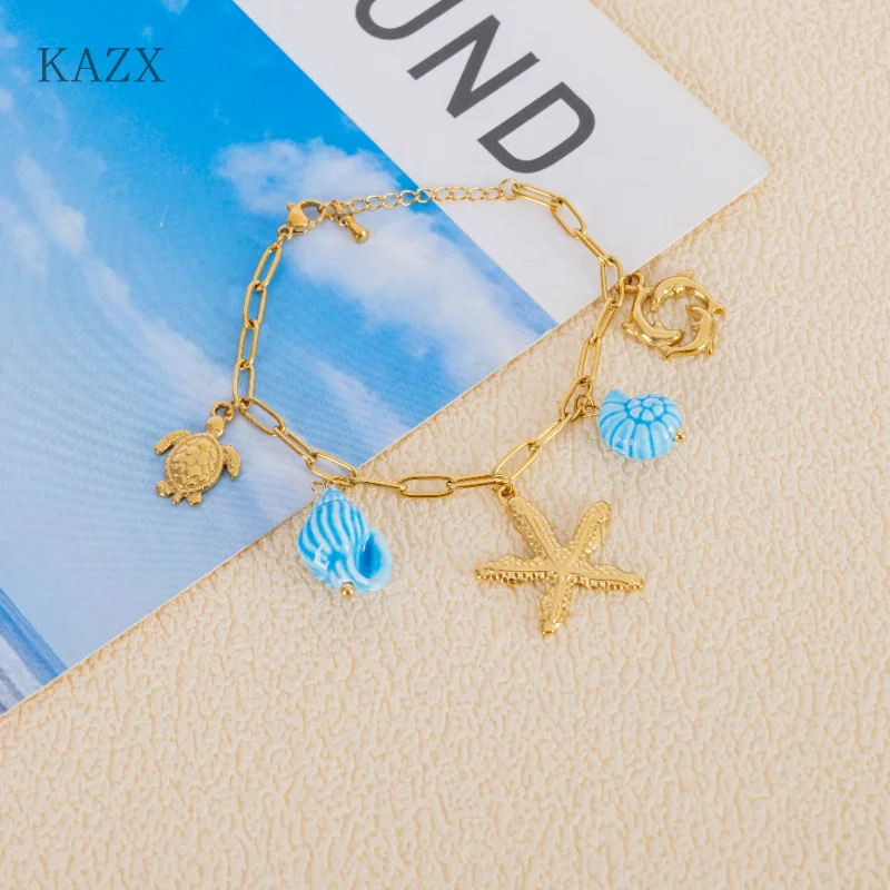 

Summer Ocean Beach Charm Bracelet Anti fading Blue Enamel exquisite Bracelet for collocation Women