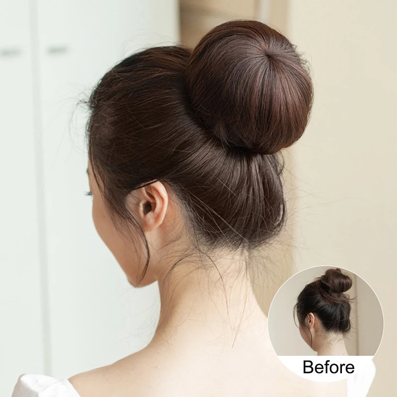 Synthetic Short Straight Hair Bun Chignon Clip in Hair Extension Black Brown Hairpiece for Women