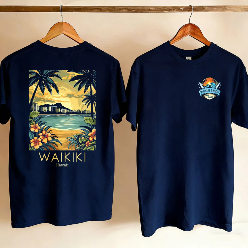 Vintage Waikiki Tropical Beach Graphic Tee Diamond Head Palm Tree Floral Coastal Short Sleeve Crewneck Casual Summer Vacation