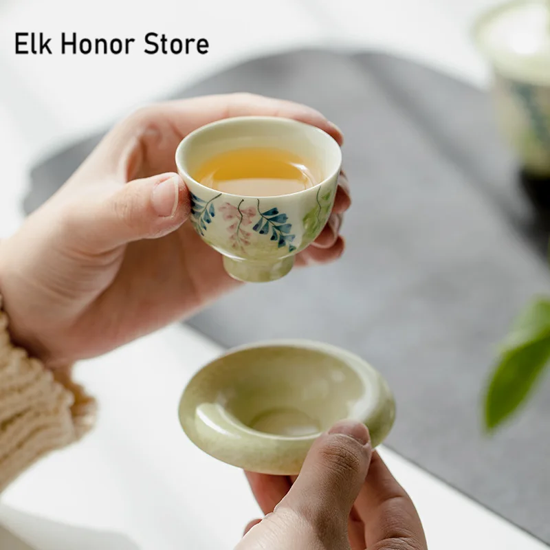 Pure Hand-painted Wisteria Flower Ceramic Cup  Teacup Coaster Set Handmade Water Jug Master Cups Fragrance Cup Cha Decoration