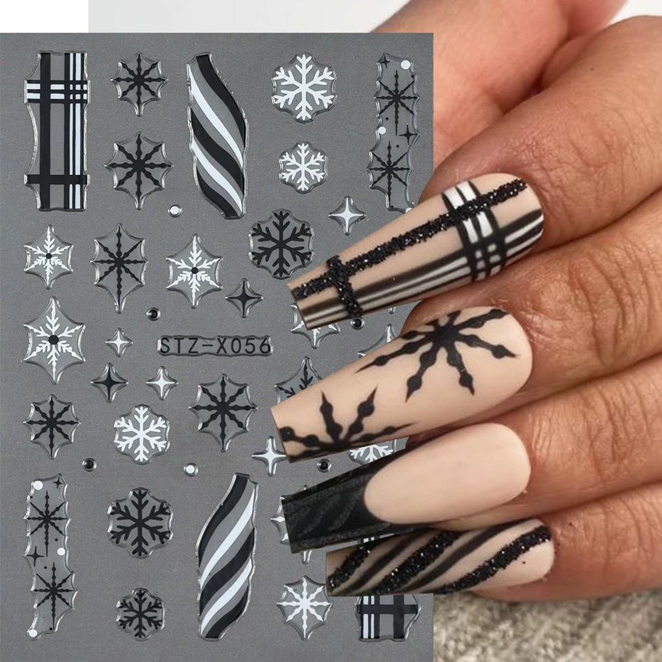 2 uds copo de nieve pegatinas navideñas para decoración de uñas negro blanco copo de nieve y líneas deslizadores de uñas de Navidad suministros de decoración de manicura DIY