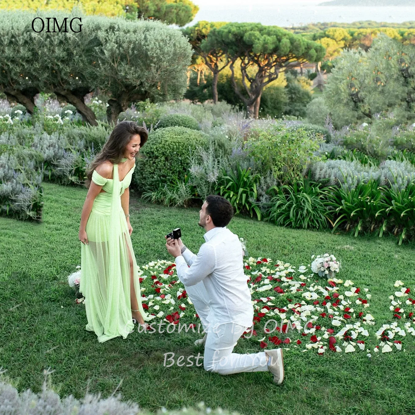 OIMG Airy verde chiaro con spalle scoperte A Line Abiti da ballo Abito da festa senza schienale Abito da sera lungo fino al pavimento 2025 Personalizzato