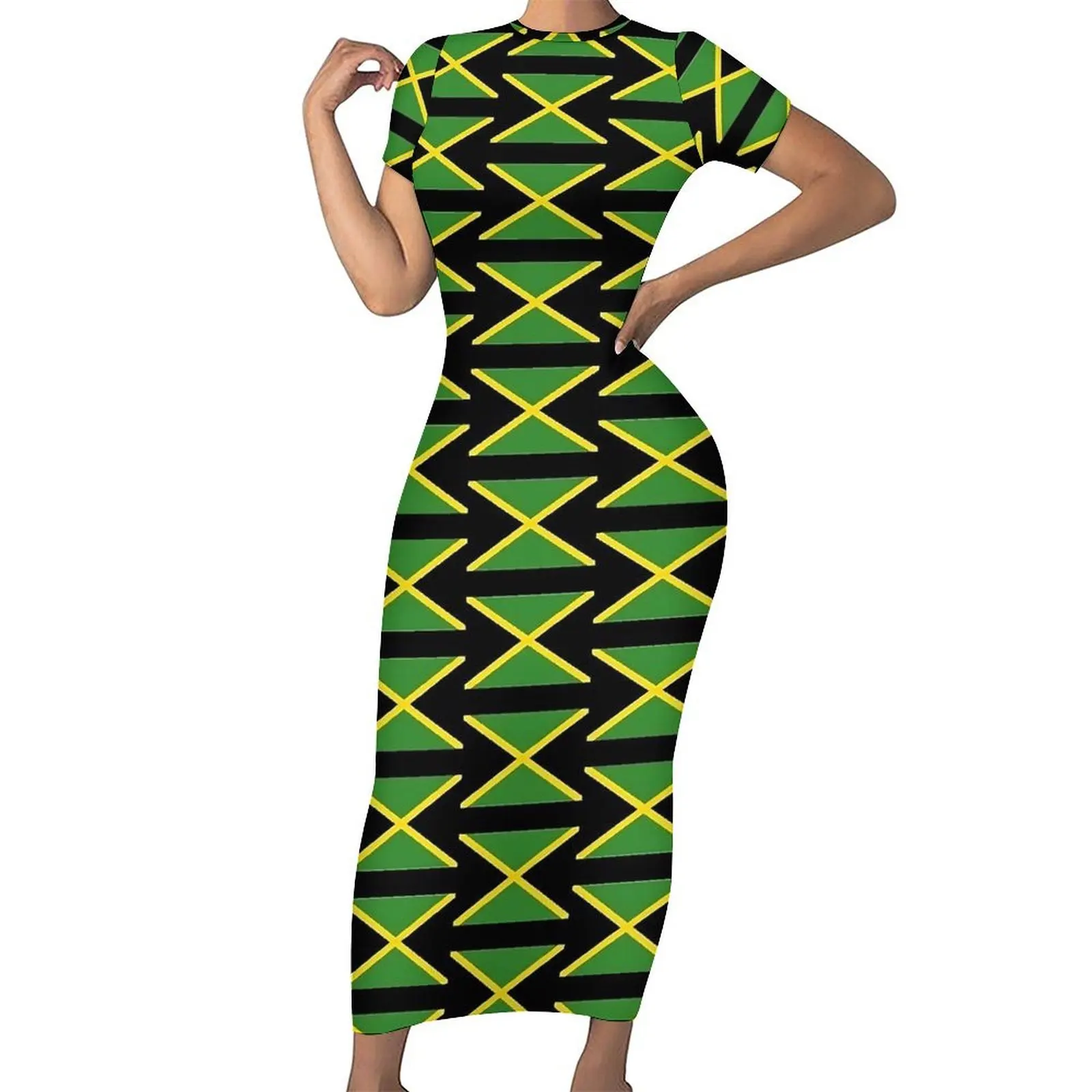 Jamaican Flag Dress Short Sleeve XBlack Green Yellow Street Fashion Maxi Dresses Trendy Bodycon Dress Womens Oversize Vestidos