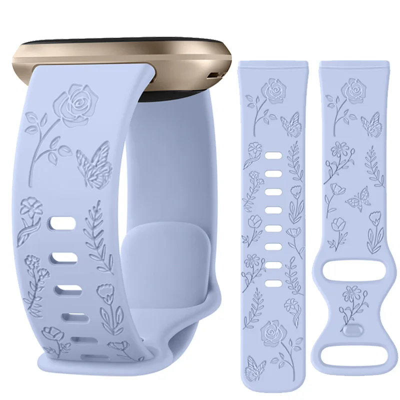 Flower Engraved Smartwatch Band for Fitbit Versa 3/Versa 4/Sense/Sense 2 Strap Soft TPU Sport Smartwatch Watchband Replacement