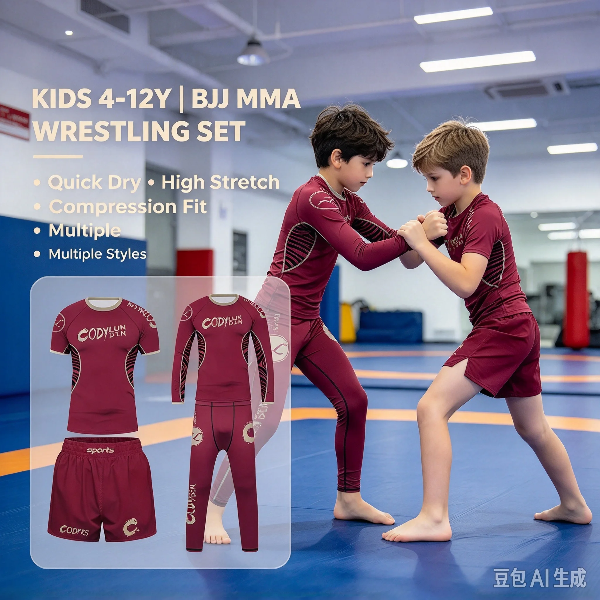 4-12Y Kids BJJ Rashguard Set CODYLUNDIN Boys MMA Wrestling Compression Short Long Sleeve Shorts Pants Grappling Training Sports