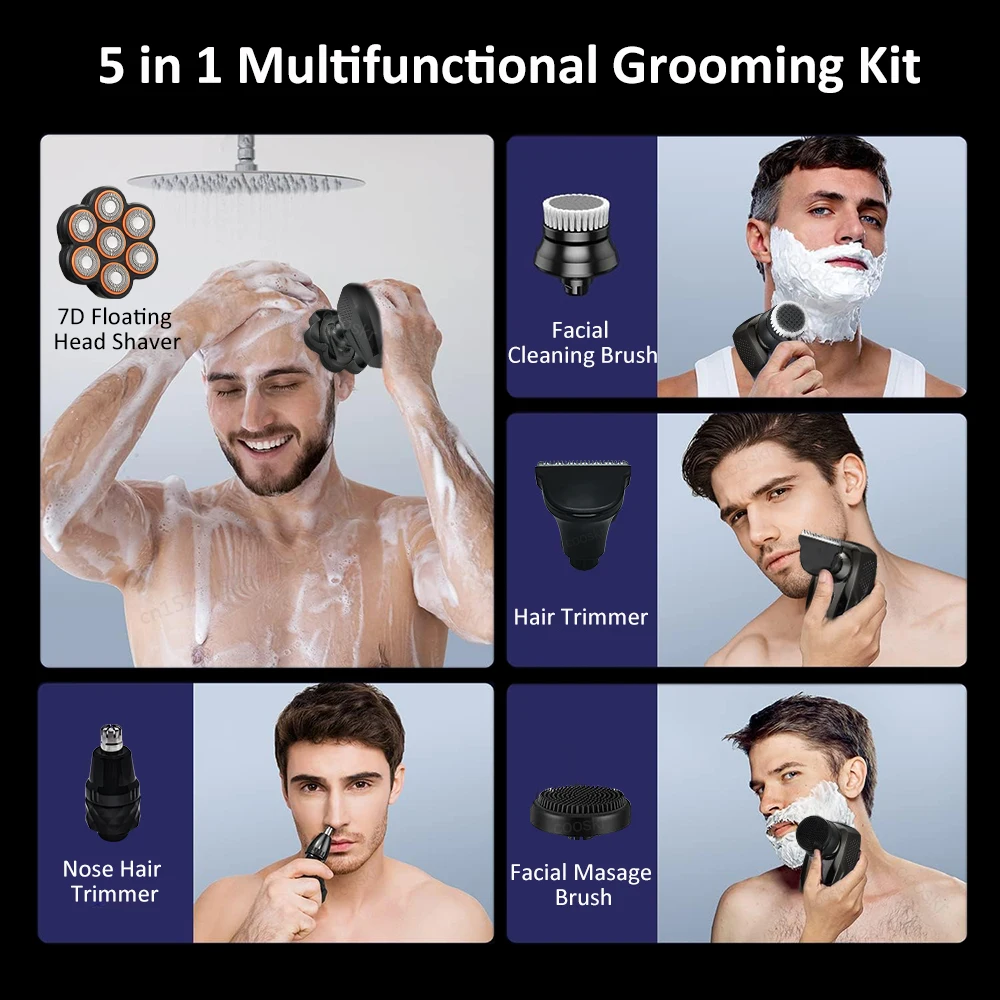 5 em 1 barbeador elétrico para homens aparador de barba facial 7d flutuante barba cabeça careca barbeador à prova dwaterproof água molhado seco navalha elétrica