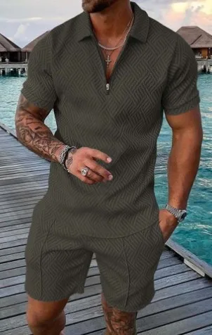 Solid Color Luxury Style Men's Polo Sets V-neck Zipper Polo Shirt Shorts Tracksuits Man 2-piece Set Men's Polo Suit Mens Wear view 2