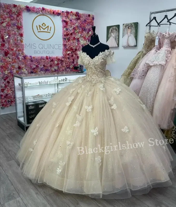 Gaun Khaki putri Quinceanera mewah 2025 kupu-kupu indah bahu terbuka 3D Applique bunga Meksiko Charro renda kustom