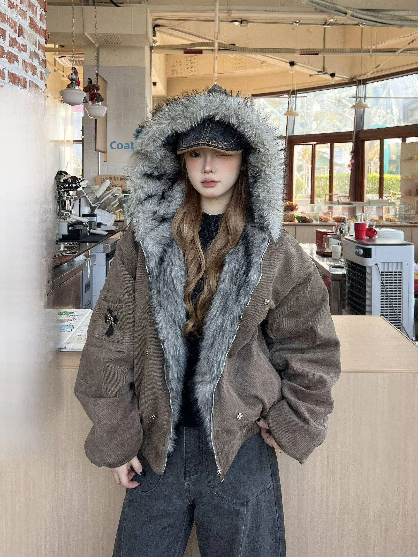 

XFX American Retro Thiened Cotton Hooded Jaet Women's Autumn Winter Street Sle Cleanfit Top Trendy Long Sve Zipper C...