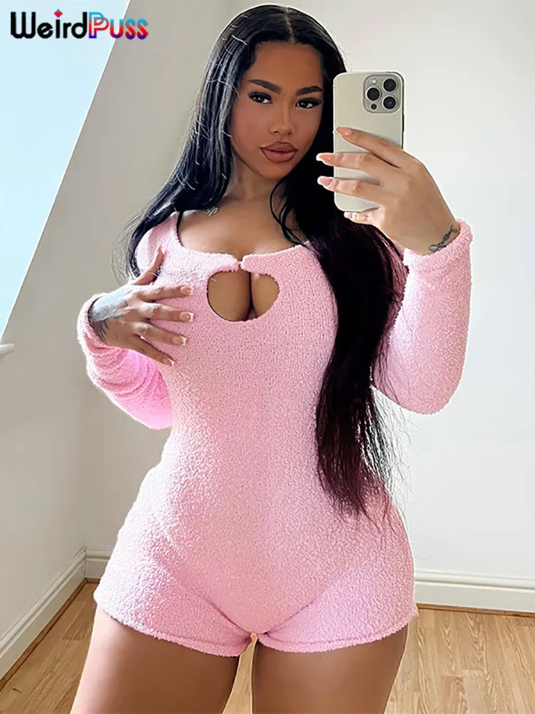 Weird Puss Chic Buckle Women Romper Hollow Out Long Sleeve Low Chest One Pieces Body-Shaping Autumn Trend Streetwear Y2K Bodycon