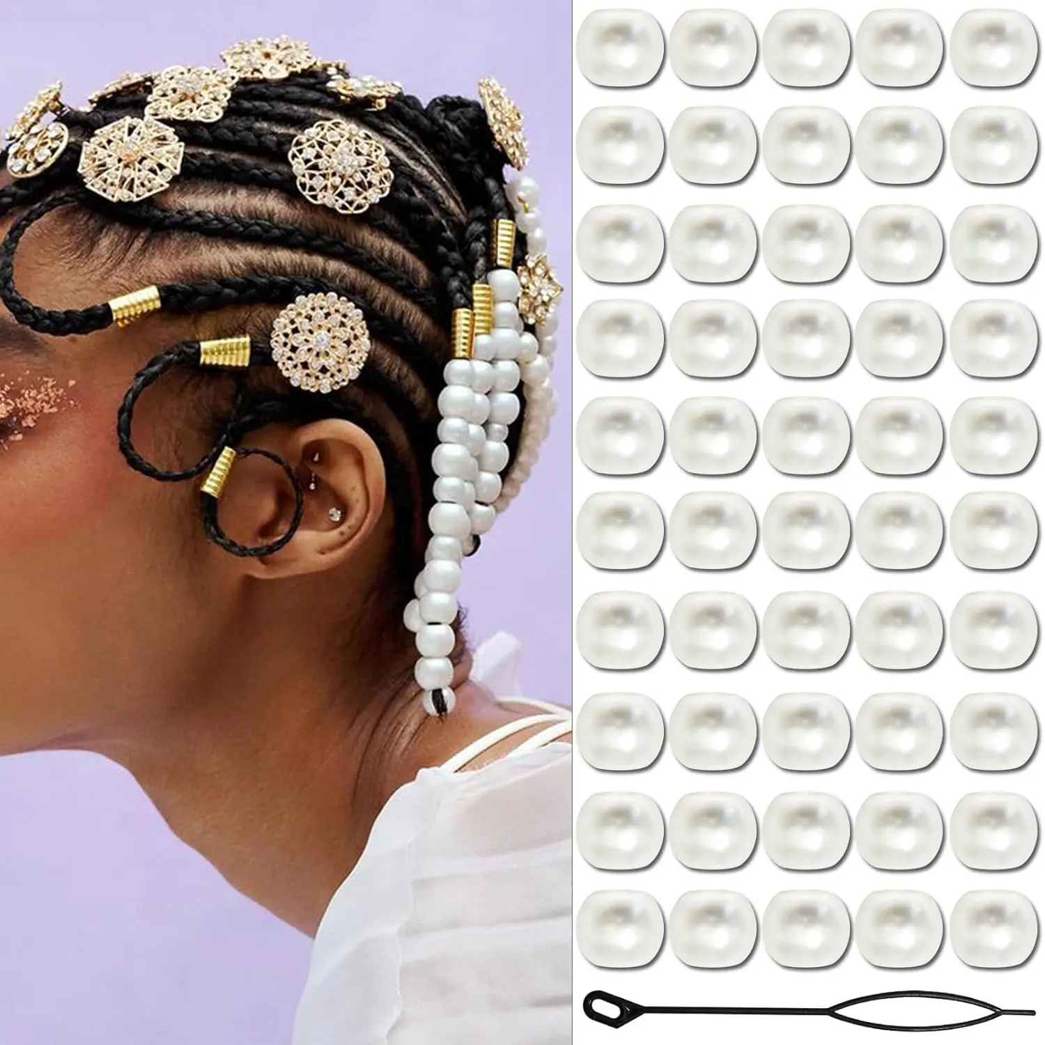 50PCS Hair Beads for Braids Pearl White Dreadlock Bead Loc Hair Jewelry Women Braids Decoration Hair Accessories for Girls