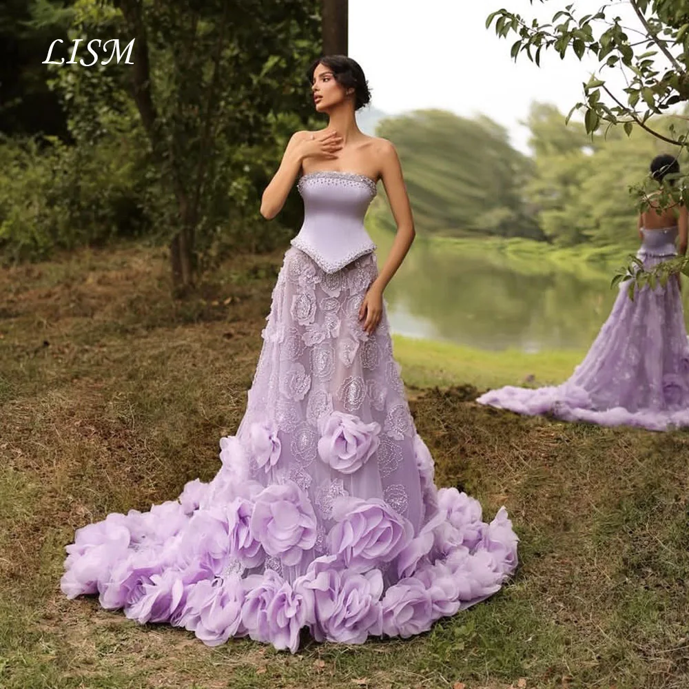 

LISM Purple Strapless Evening Dresses A-Line Silk Satin Tulle Flowers Long Prom Dresses Customized robe de soirée For Party