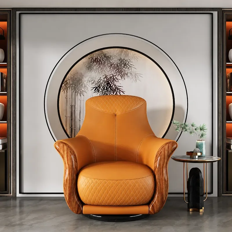 Ebony Leather Rotating Leisure Chair Simple Modern Living Room High Quality Cowhide Solid Wood Single Sofa Chair