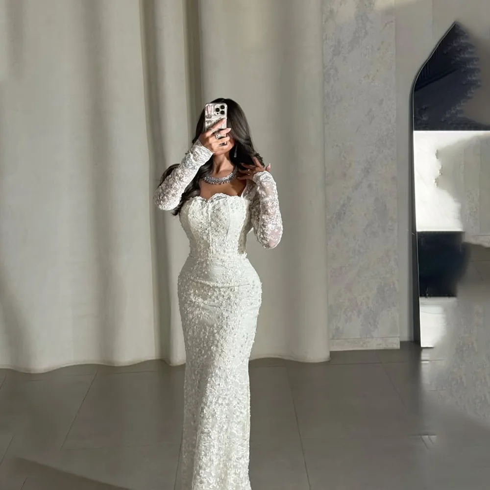 

Элегантные вечерние платья для женщин с вырезом в форме сердца и длинными рукавами, кружевное вечернее платье русалки с аппликацией и открытой спиной, платья для выпускного вечера по индивидуальному заказу