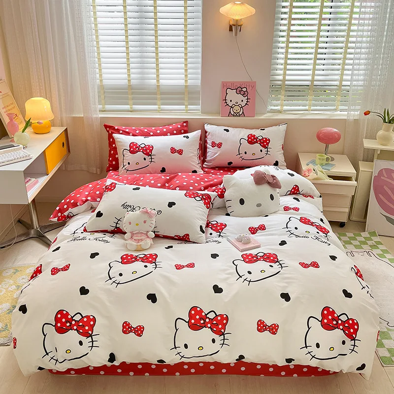 New Cute Sanrio Hello Kitty Bedding Set Cotton Four Piece Bedding Double Pillowcase Bed Linens Girl Dorm Bedclothes Home Textile