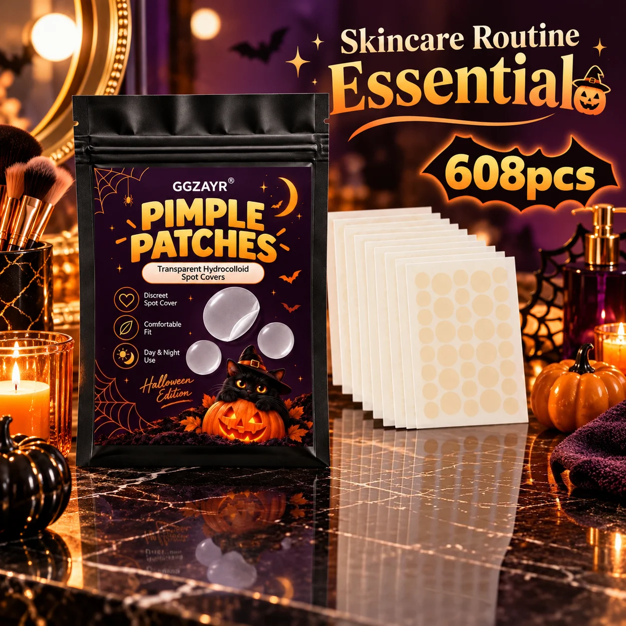 608PCS Halloween Edition Pimple Patch Stickers, Transparent Hydrocolloid Spot Cover Set, Cute Beauty Accessories for Party Seaso - view 4