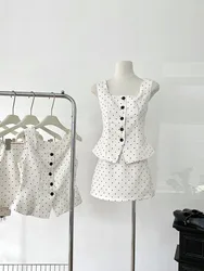 French Elegance Outfits 2 Piece Skirts Set Beige Square Collar Single Breasted Top +   New Design Polka Dot Slim A-line Skirts