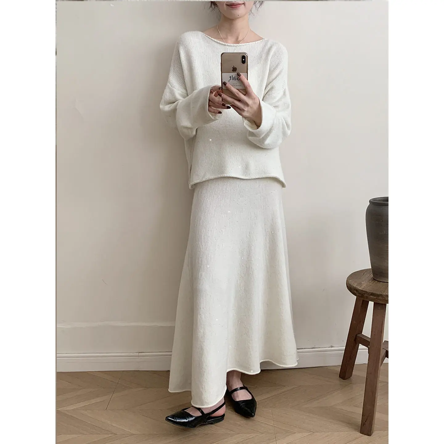 

Glitter Knit Sweater And Skirt Set round Ne Faionable Winter Outfit Women's Ensemble Bright Sequins Knitted Dr Code