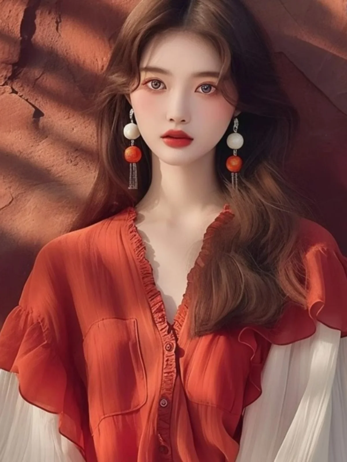 레드 V넥 버블 슬리브 여성용 초가을 고급 유니크 선드 커버업 탑 버튼 루즈핏 롱 슬리브