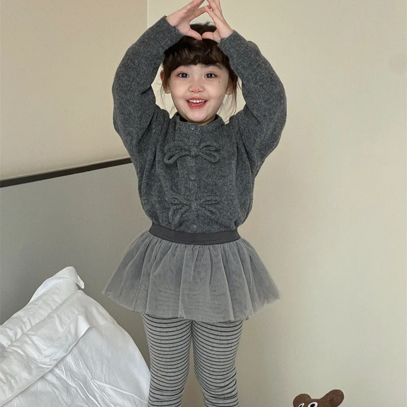 Sweater Autumn New Children\'s Clothing Korean Girl Bow Solid Color Open Stitch 2024 Round Collar 2024 Bows Solid Loose