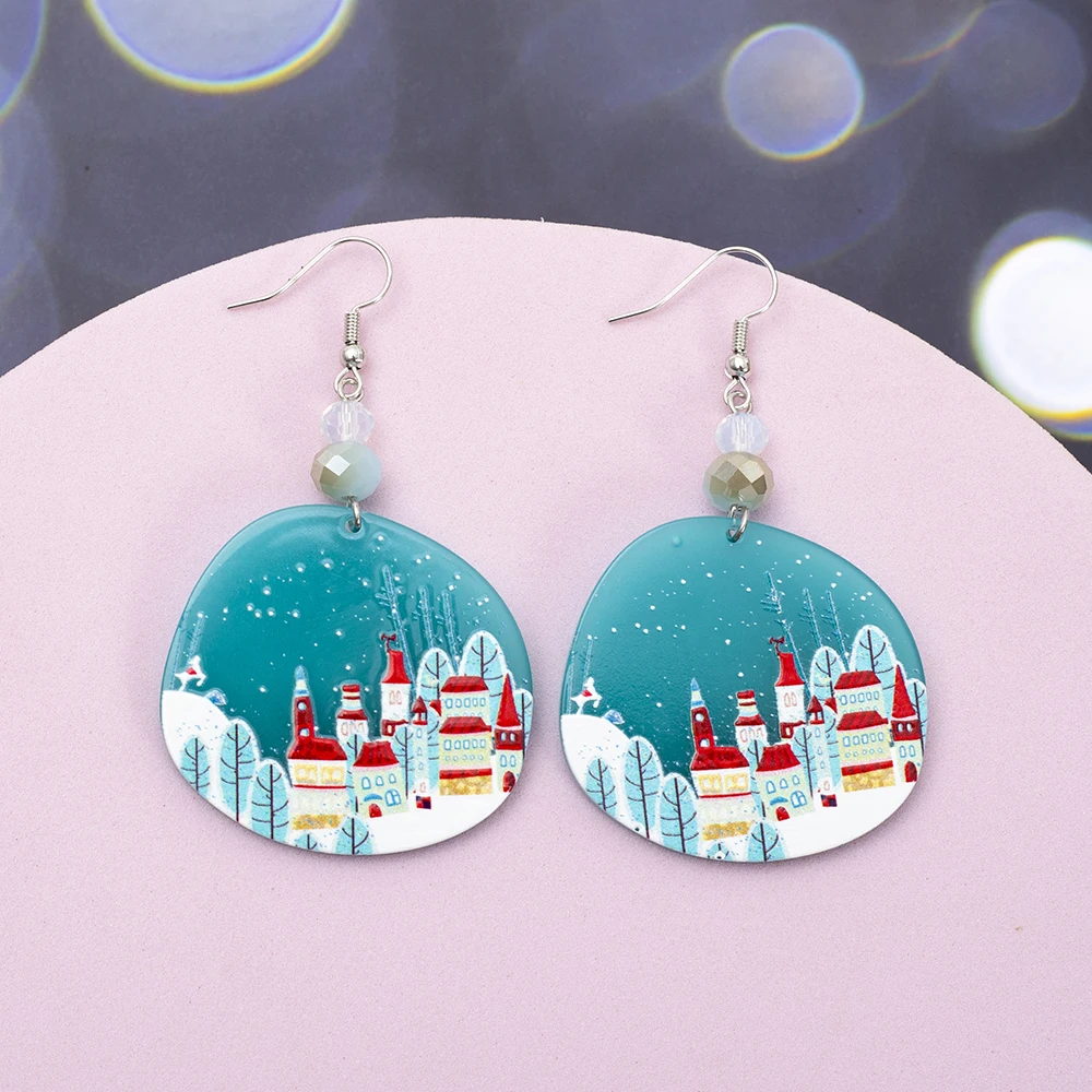 Fashion Irregular Round Snowflake Castle Relievo Printing Green Acrylic Christmas Earrings For Women Vintage Style Girls Jewelry