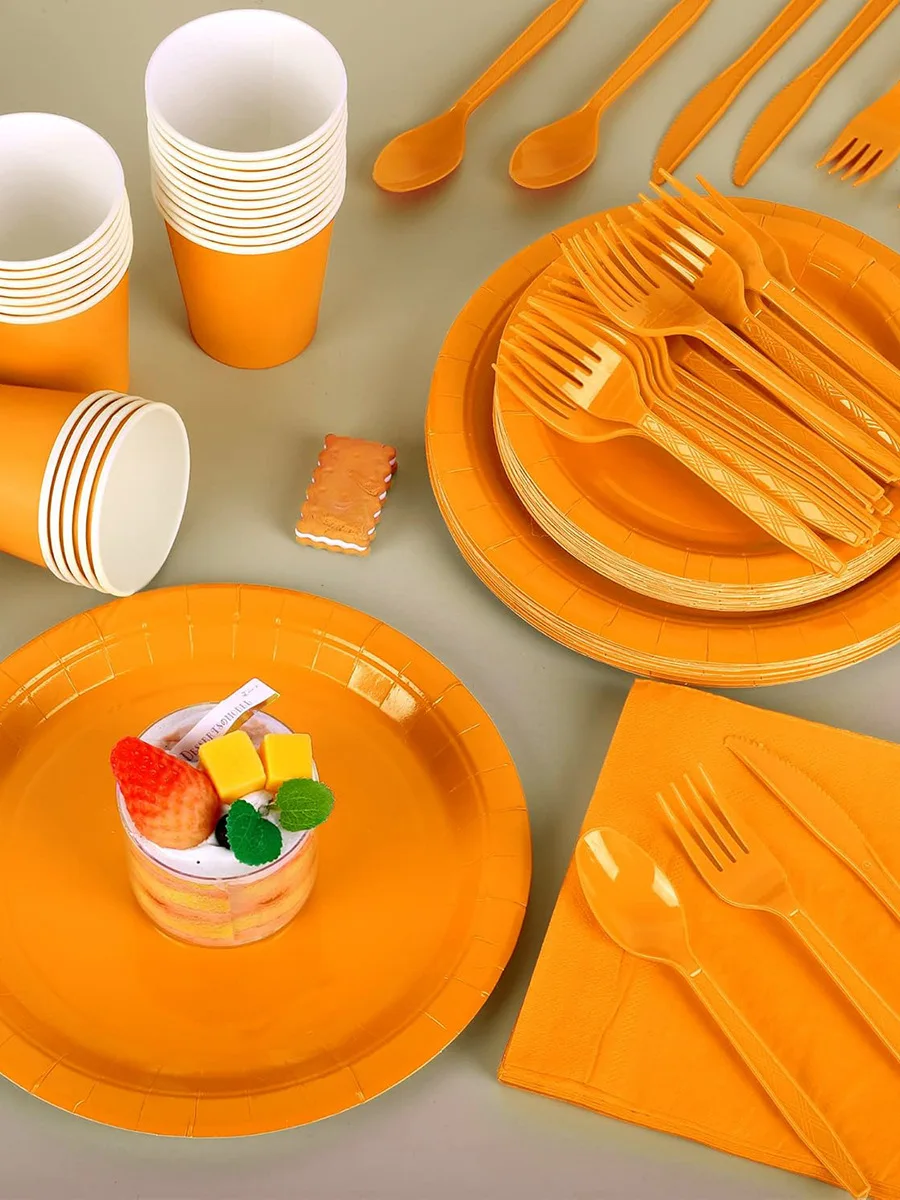 biodeadable-disposable-dining-set-pure-orange-par-paper-plates-cups-napkins-knives-forks-spoon-cam-dining-supplies