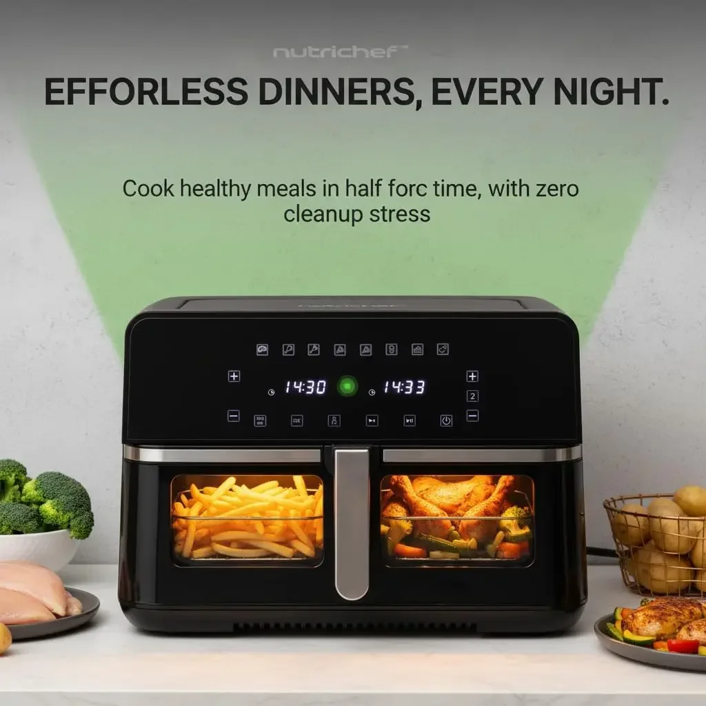 Double Basket Air Fryer 8.8 QT | Family Size Oil Free Digital Cooker with Transparent Window | 9-1 Preset Cooking Options