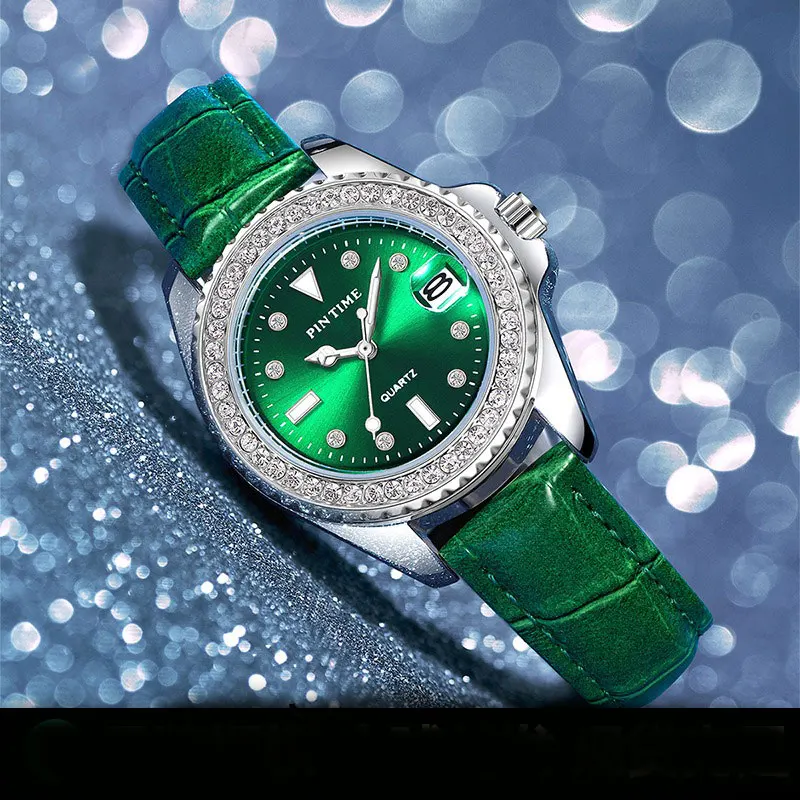 Ladies Quartz Watch Green Leather Strap Rhinestone Bezel Waterproof Date Display Women Wristwatch Fashion Business Watch