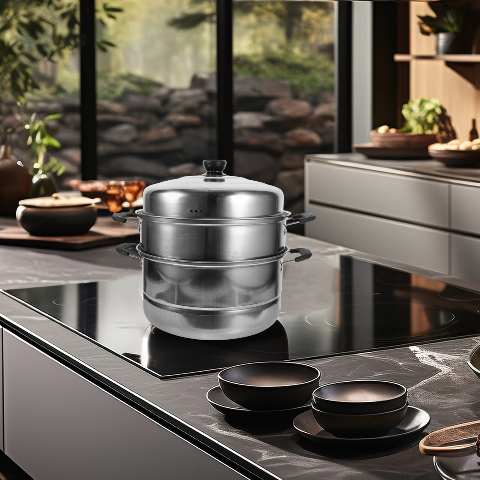 

1 шт., пароварка из нержавеющей стали, штабелируемая трехслойная кастрюля, большая емкость, кастрюля из закаленного стекла с крышкой для домашней кухни, индукционная кастрюля