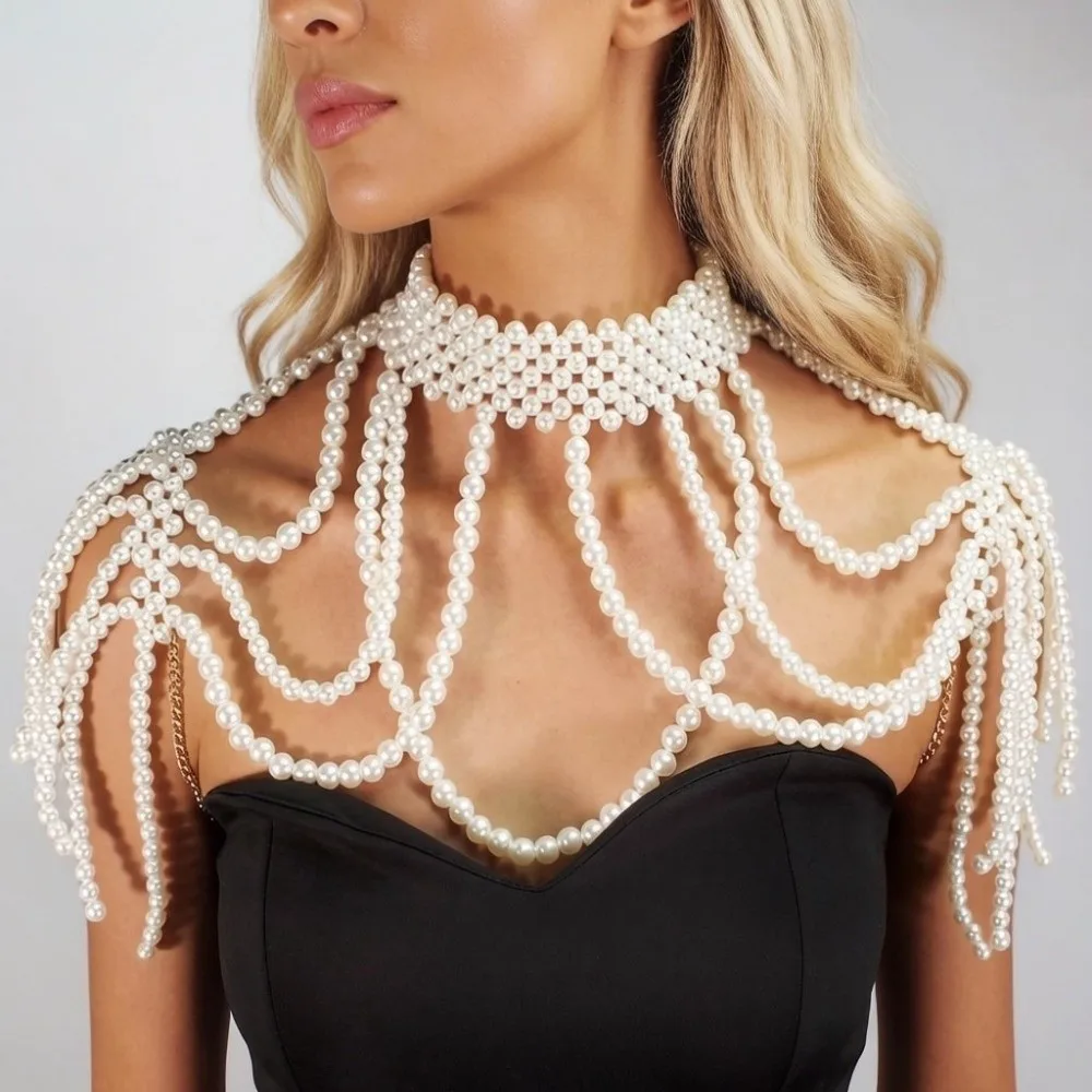 Handmade Beaded Pearl Shoulder Chain Hollow Tassel Imitation Pearl Pearl Shawl Necklace Two Sides Tassel Fringe Draped Chain