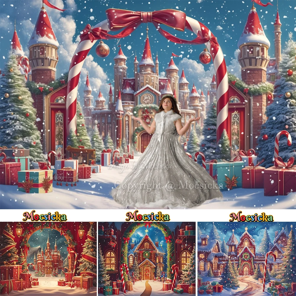 

Christmas Candy Cane Town Photography Background for Kids Castle Gift Backdrop Winter Snowflake Polar Xmas Night Photo Studio