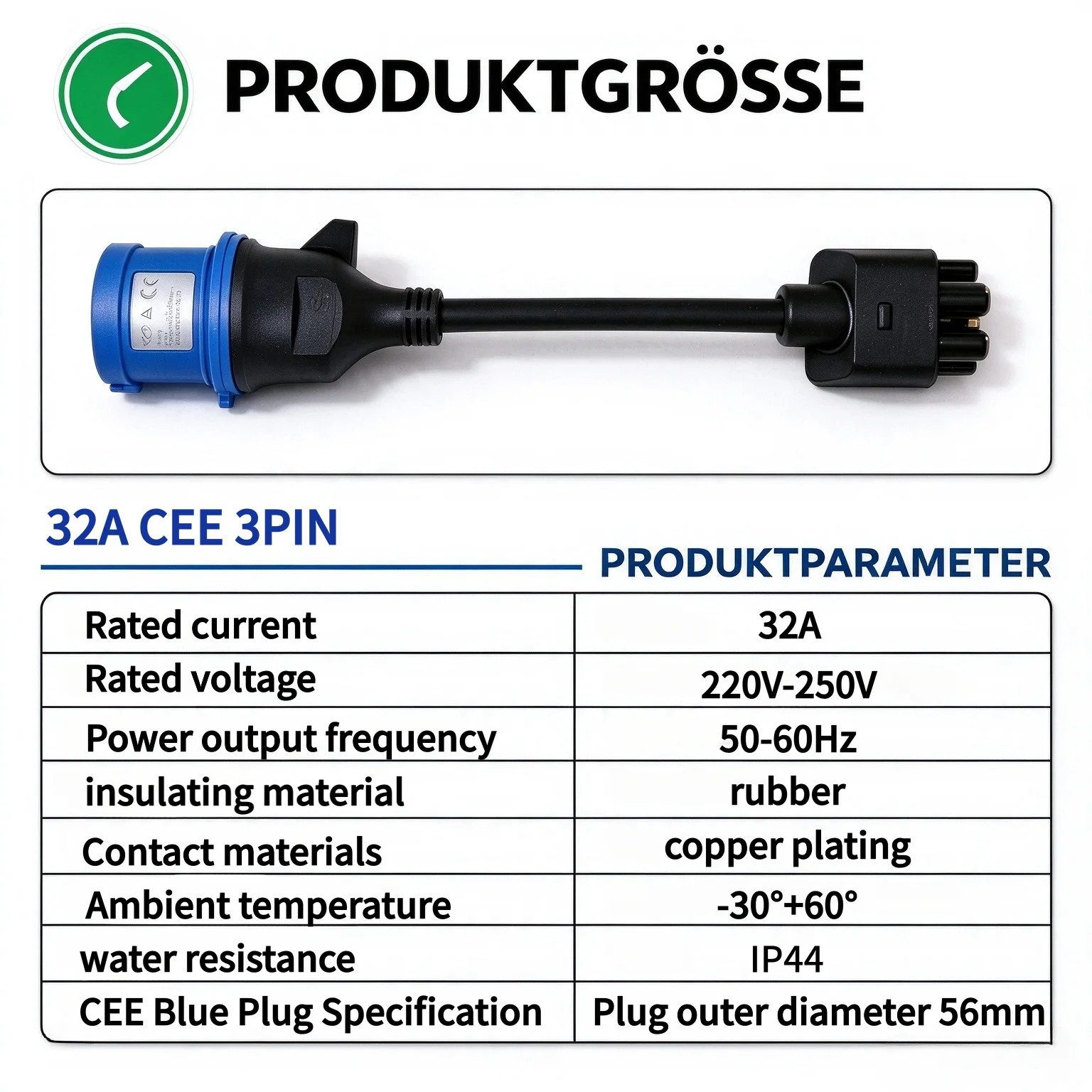 32A /16A 3 Pin Blue CEE Adapter For Tesla Model S,3,X,Y Gen 2 Ev Charger Extension Cord Connector 240V Outlet
