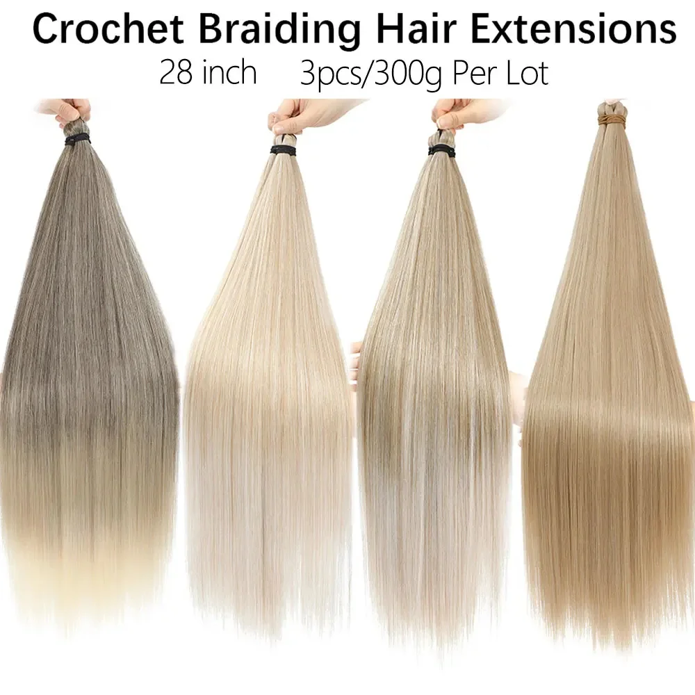 

28Inch Crochet Braids Straight Bundles 300g 3Pcs T16A/56C Light Ombre Brown Bio Protein Synthetic Braiding Hair Extensions