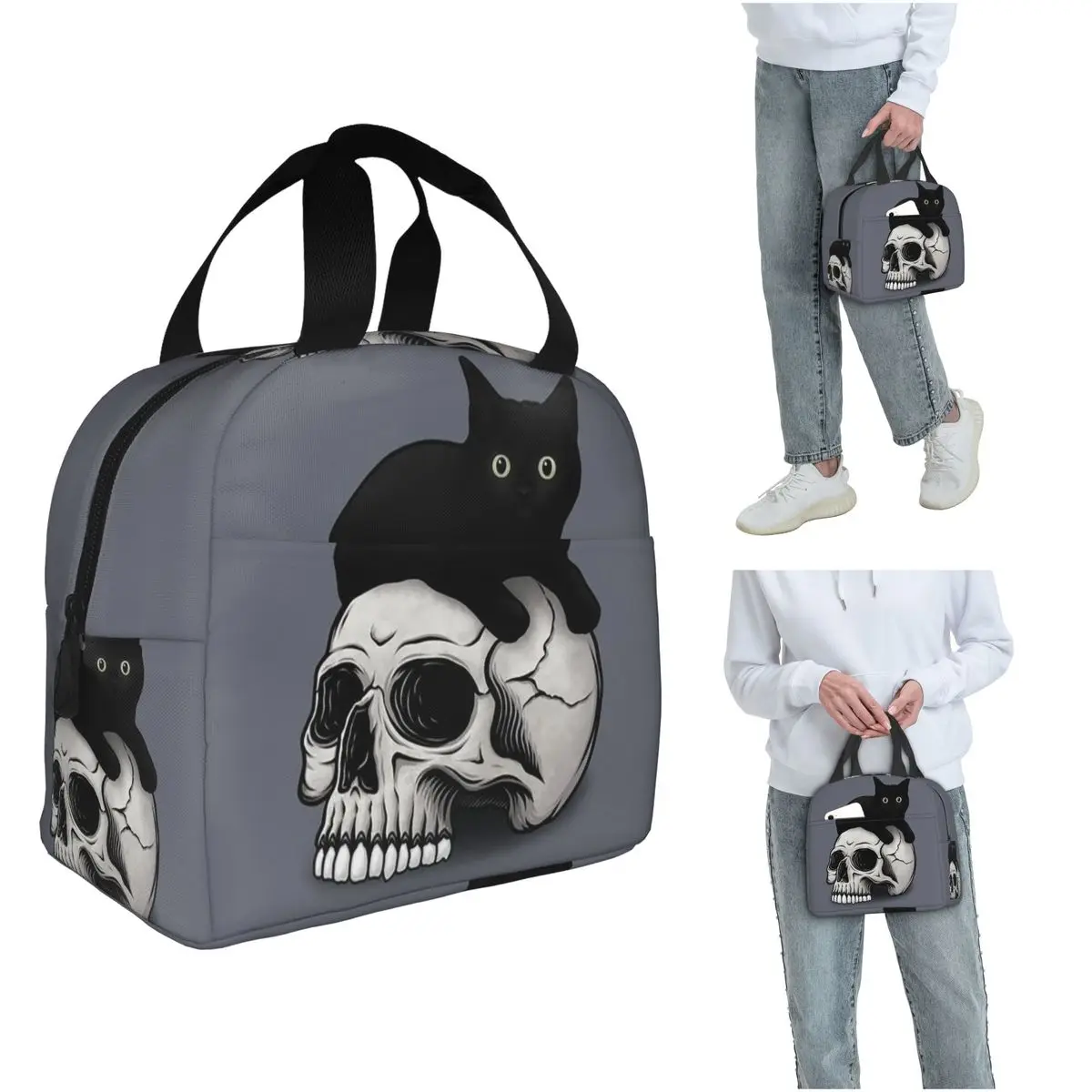 Gothic Black Cat Stand On Skull Insulated Lunch Bag for Women Kids Leakproof Food Boxes Thermal Lunch Box Tote