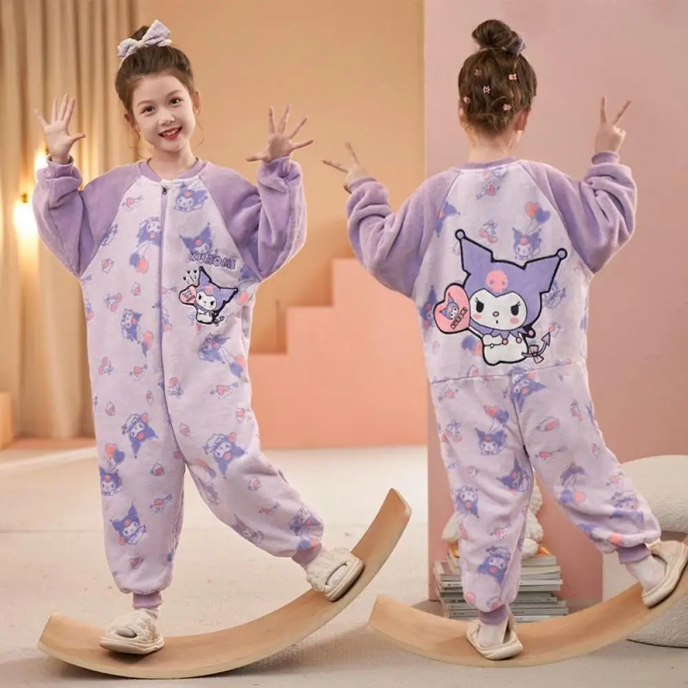 Anime Sanrio Winter Kawaii Kuromi Kids Plush Jumpsuit Pajamas Melody Cartoon Girl Casual Anti-Kick Warm Homewear Cute Nightwear