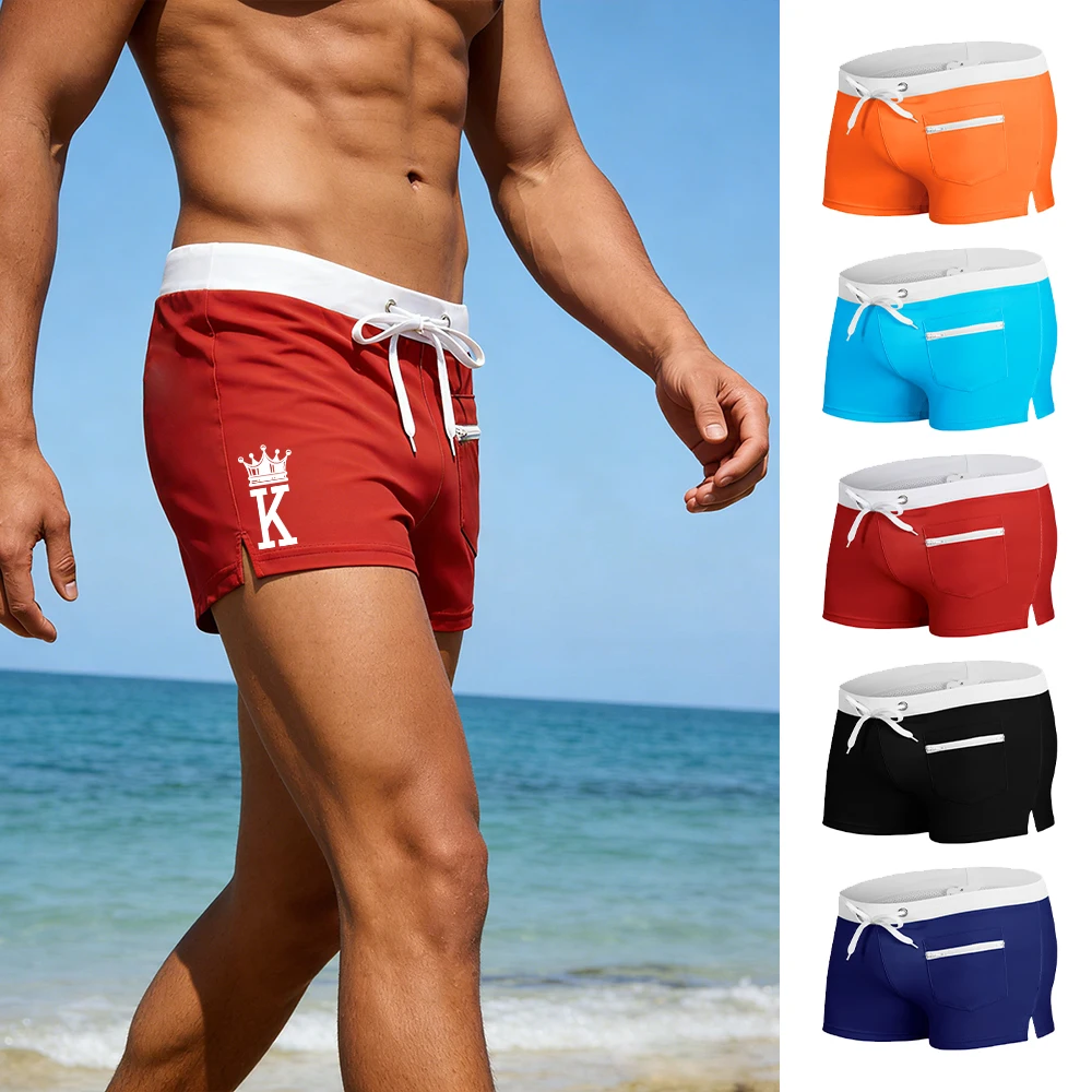 

Мужские плавки с принтом K Crown, повседневные модные летние шорты для плавания, серфинга, пляжные шорты, купальник с сетчатой ​​подкладкой и карманами на молнии