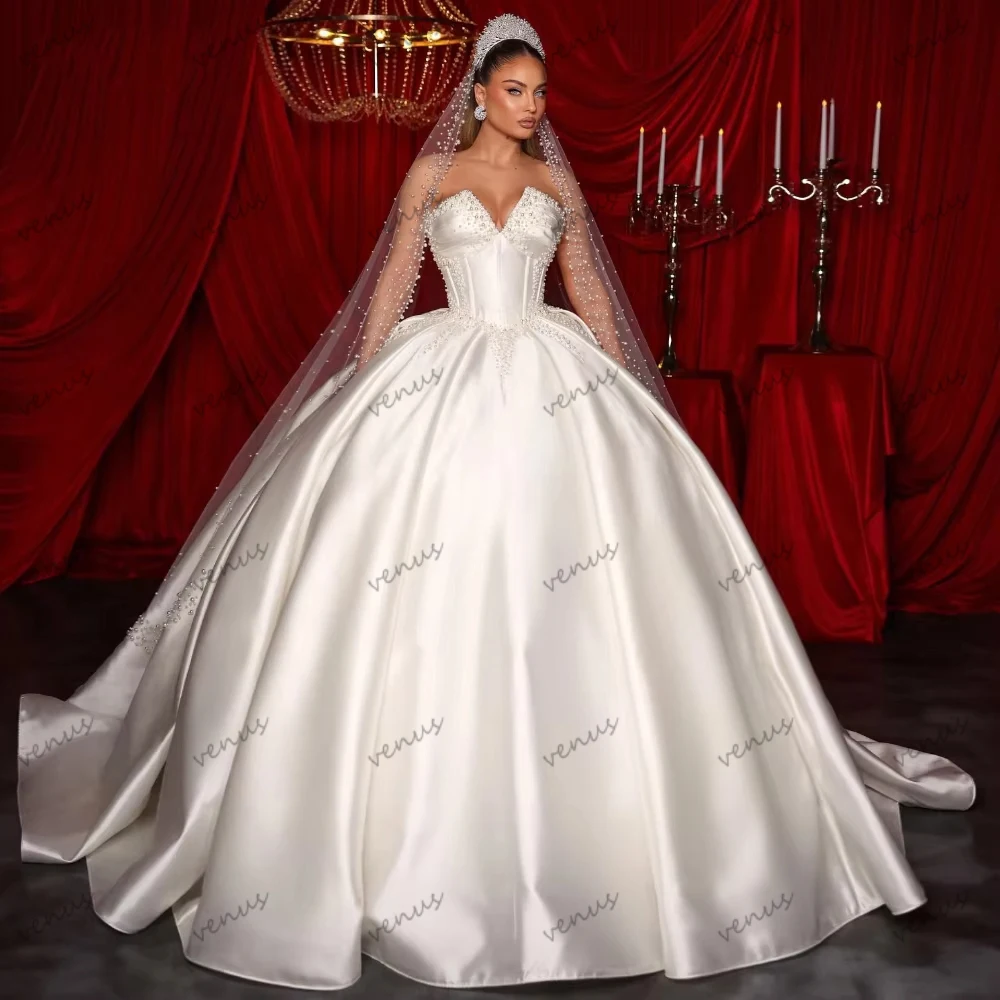 Vintage Wedding Dresses Satin Bridal Gowns Pearl Decoration Robes For Formal Party свадебное платье Vestidos De Novia Customized