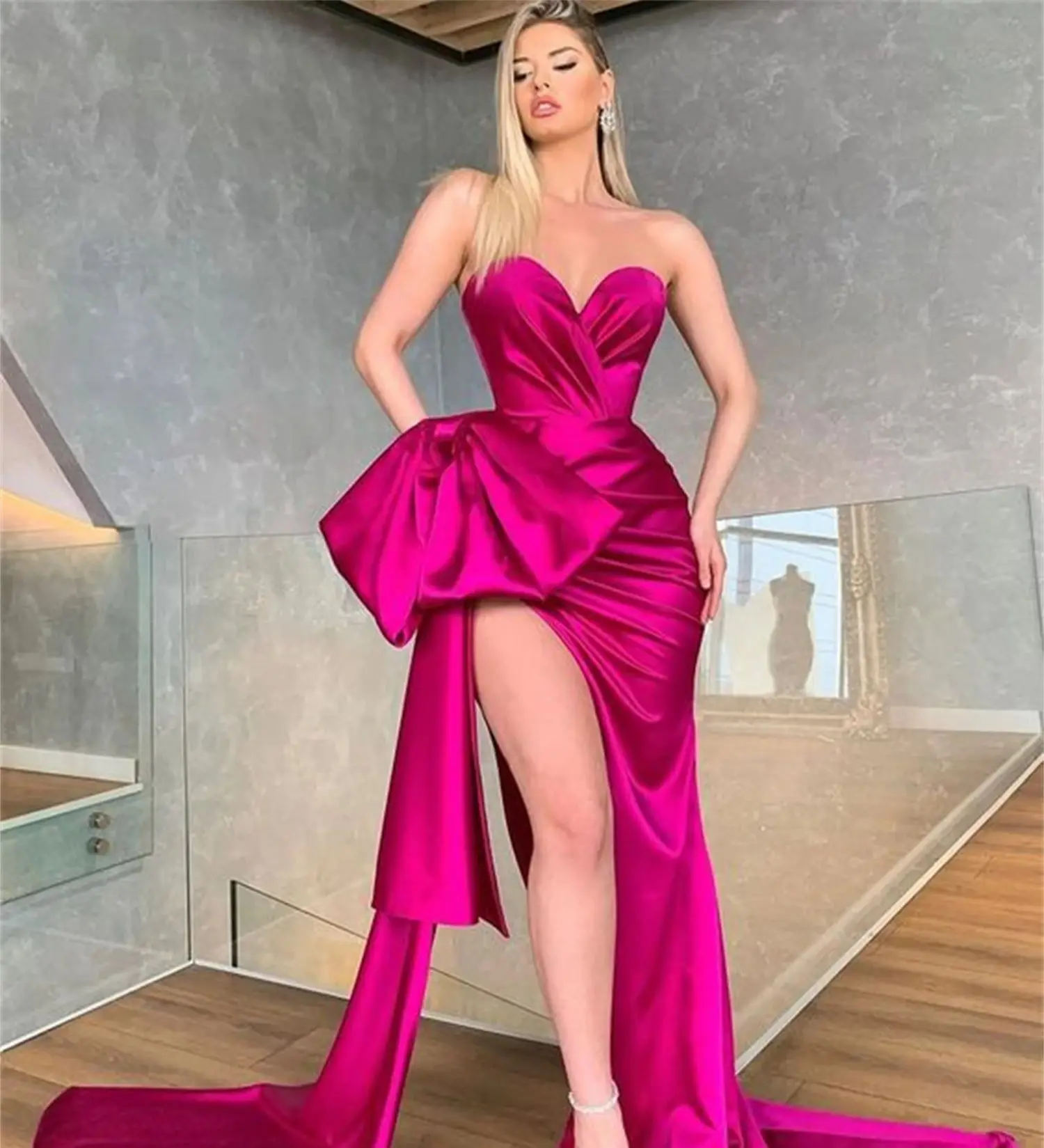 Lucy Wedding Party Dress Satin Cocktail Ball Gown Evening Strapless Slit Dresses Medium Length Robe Soiree De Luxe 2024 Prom