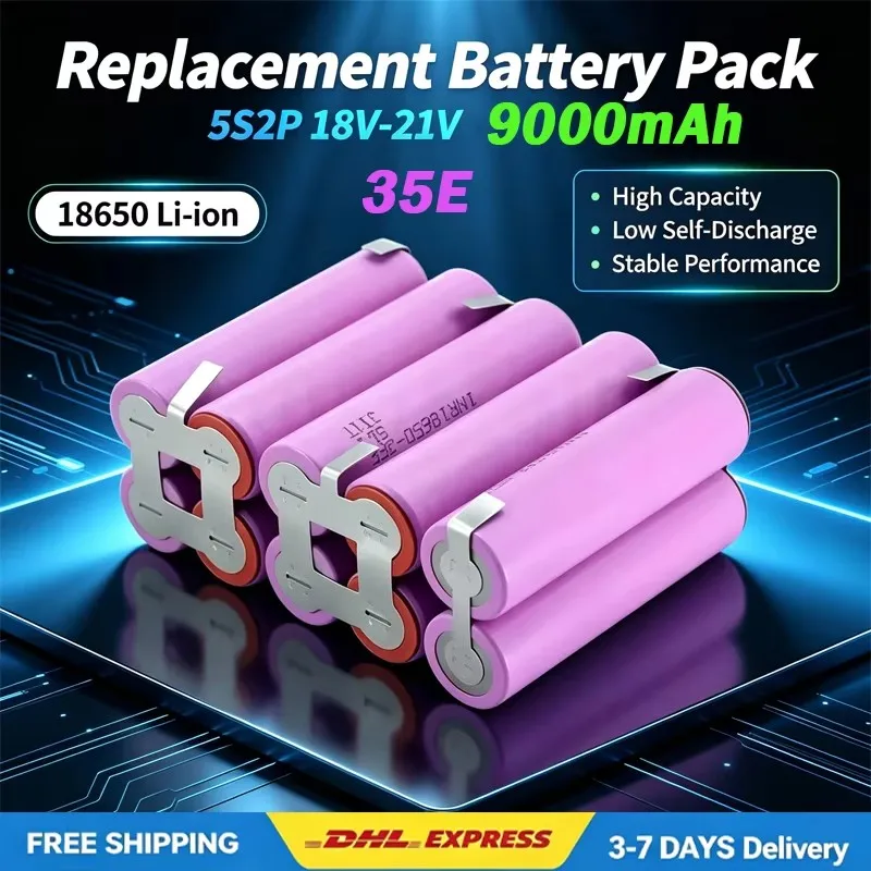 Pacco batteria saldato LIDIKALA 18V 21V 5S2P 18650 35E 9000mAh, batteria agli ioni di litio ad alta capacità con protezione BMS integrata, lunga durata, batteria fai-da-te per avvitatori elettrici e