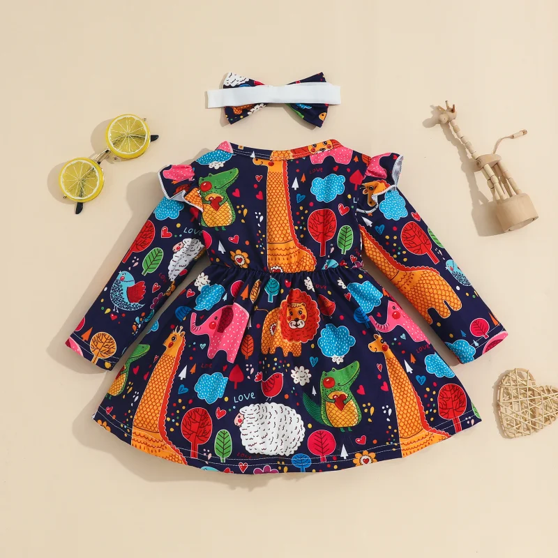 Baby Dress Spring and Autumn Baby Cartoon Printed Long-sleeved Dresses Headscarf Two-piece Set