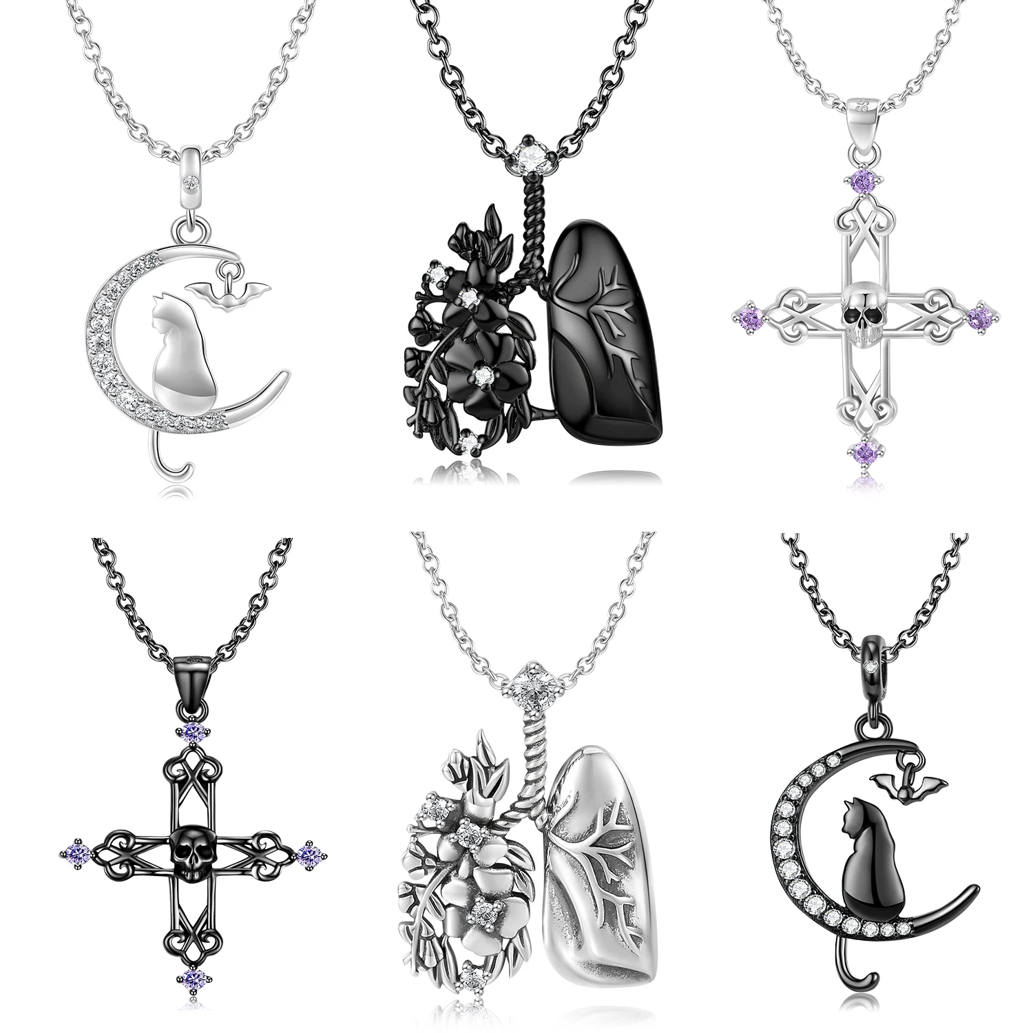 

Jiuhao 925 Sterling Silver Moon Cat Cross Lung Black White Skull Gift Pendant Necklace Fine Jewelry Necklace Chains Accessories