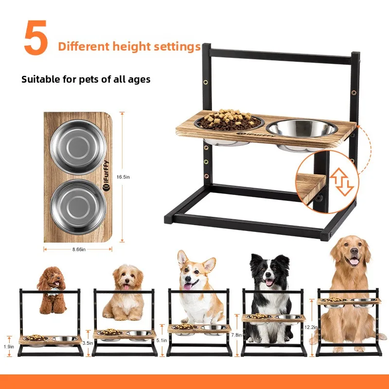 

Anti-knock dog bowl Adjustable solid wood rack Food basin Pet bowl Protection cervical spine Drinking water Double bowl rack