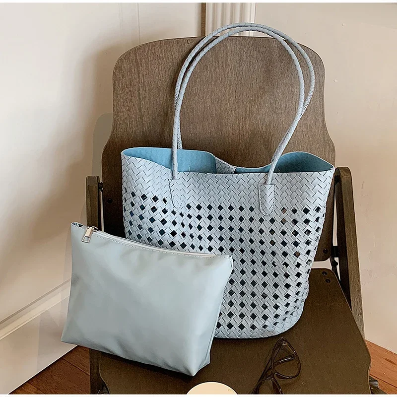 Rattan-Geflochtene Hohle Schultertasche mit Passender Geldbörse, Sommer-Shopper für Markt, Strand und Pendeln, Leichte Handtasche mit Offener Webung – Detail 26