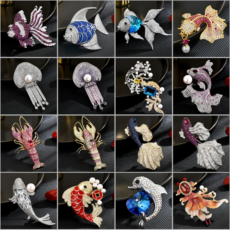 New Ocean Series Mermaid Jellyfish Whale Brooch Luxury Micro-inlaid Zircon Lucky Koi Corsage Fashion Suit Coat Accessories Pins