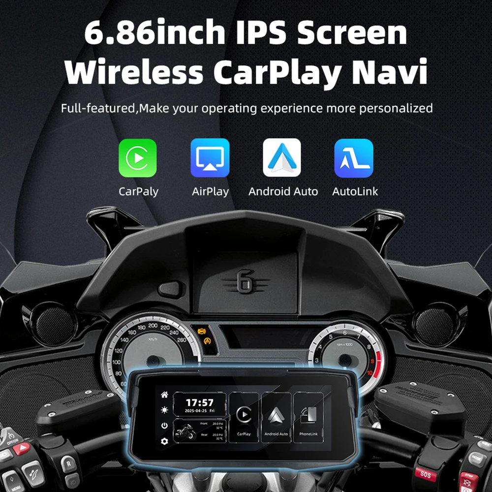 EKIY Wireless CarPlay Moto Android Auto 6.86 inch Portable Digital Motorcycle Dashboard GPS Motorcycle Navigation Display Screen