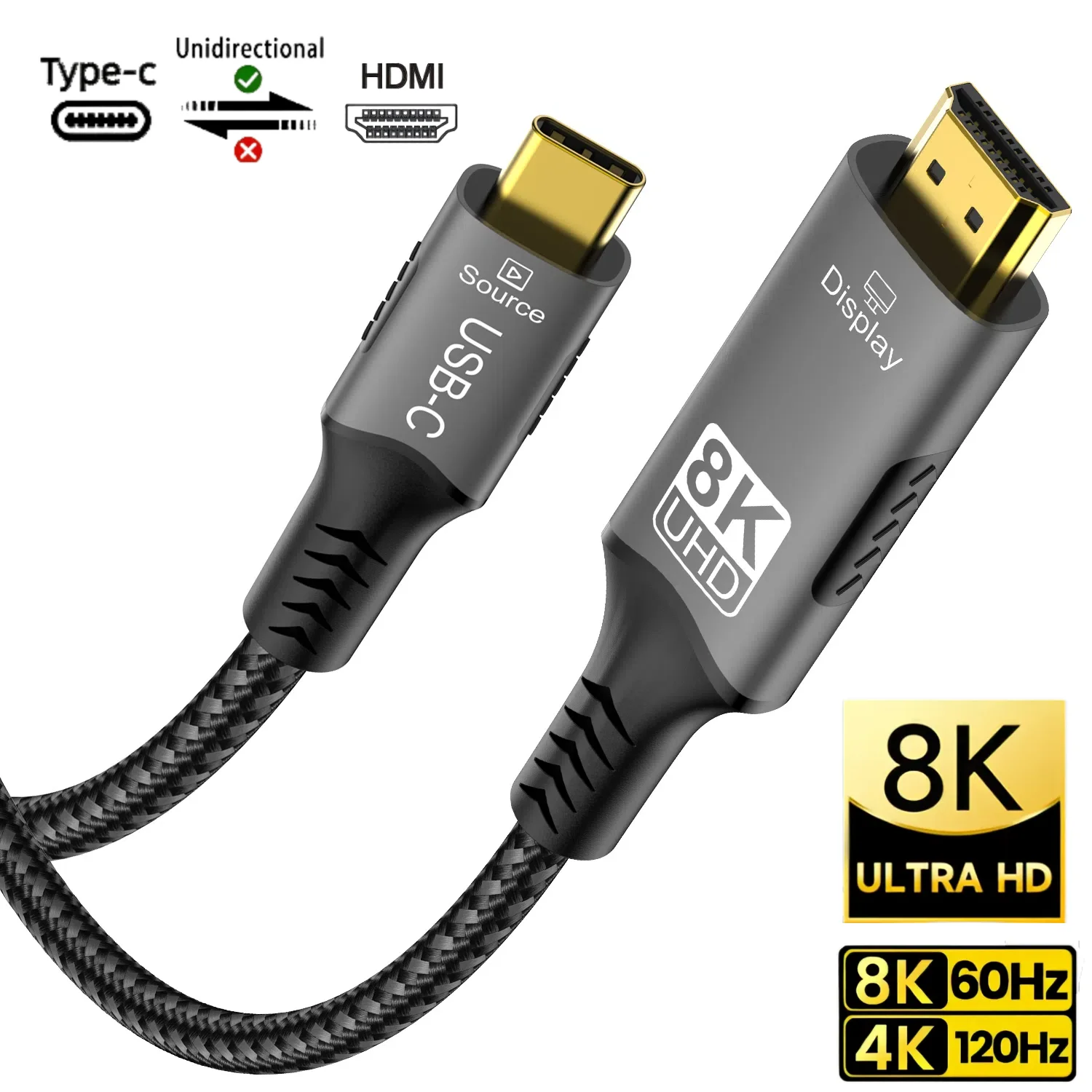 8K@60Hz USB C to HDMI 2.1 Cable 4K@144Hz 2K@240Hz Type C to HDMI 4K 8K Cord Support HDCP 2.3/HDR10 Thunderbolt 3/4 Compatible