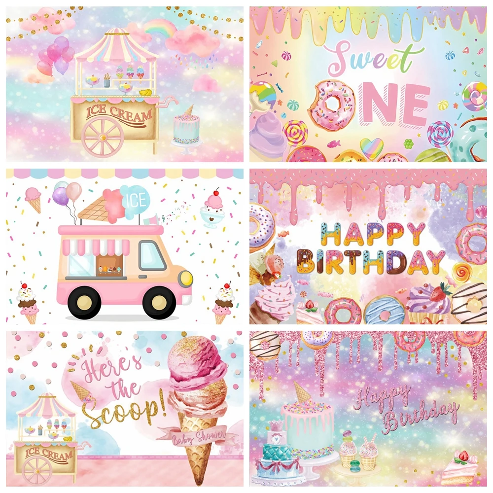 

Candy Bar Baby Shower Birthday Backdrop Ice Cream Car Donuts Lollipop Party Photo Background Cake Table Decor Photography Props
